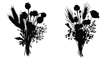 Obraz premium Two black silhouette bouquets of wildflowers and wheat ears for rustic decorative design elements and country-style arrangements.