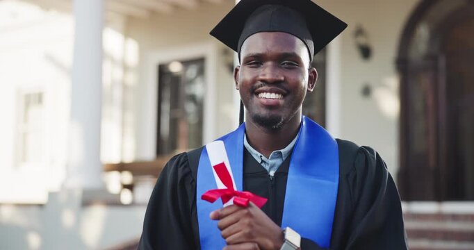 Face, black man and student with diploma at graduation, ceremony and success for degree completion. Portrait, male person and graduate outdoor with regalia, accolade award and educational milestone