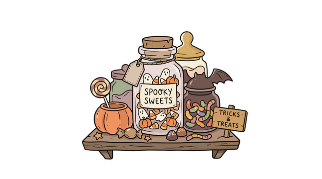 Cute Halloween candy jars illustration with spooky sweets, gummy worms, and pumpkins on a wooden shelf isolated on white