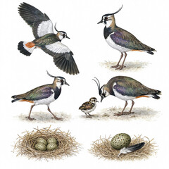 Obraz premium set of northern lapwing illustrations: in flight, standing, with chick, and nests with eggs