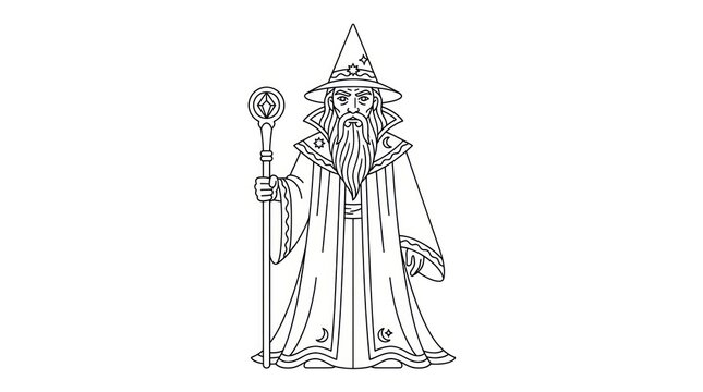 Mysterious Wizard with Staff and Hat, Ancient Sorcerer, Fantasy Character Illustration
