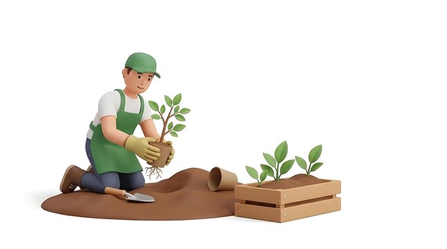 3D character gardener planting small sapling in soil.