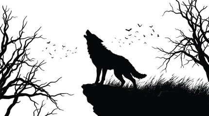 Obraz premium Wolf howling silhouette vector graphic illustration with spooky dead trees