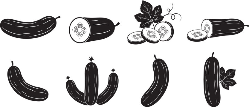 Cucumber vegetable silhouettes featuring whole sliced and clustered pieces with leaves for organic food branding and healthy cooking.