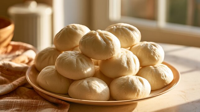 Steaming fluffy bao buns arranged on a white plate, presented against a soft, sunlit window, representing Asian cuisine
