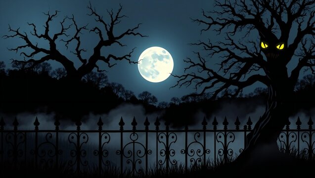 Full moon shining over a spooky graveyard with glowing yellow eyes in a dark forest