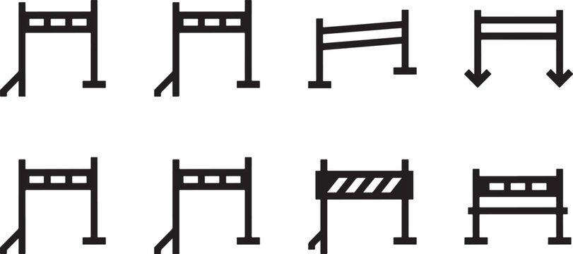 Black outline road barrier icon set showing traffic safety gates barricade construction zones pathway obstacles restricted access zones.