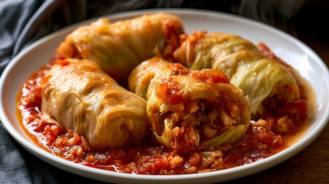 Delicious stuffed cabbage rolls simmer in a rich tomato sauce, representing authentic European comfort food and culinary delight