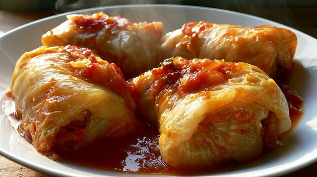 Delicious cabbage rolls simmer in savory tomato sauce, served on a white plate, representing a traditional comfort food recipe