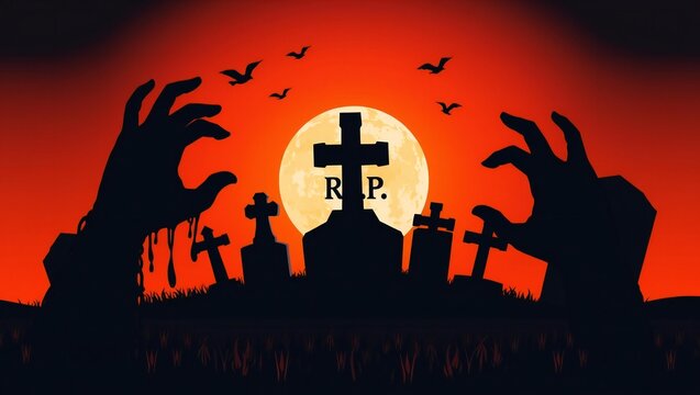 Spooky zombie hands rising from a graveyard at night with a full moon and flying birds in a dark orange sky