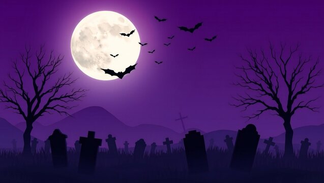 Spooky halloween graveyard with bats flying under a bright full moon in a purple night sky