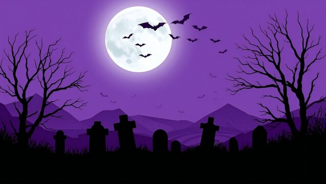 Pixel art halloween graveyard with a full moon and flying bats in a purple night sky
