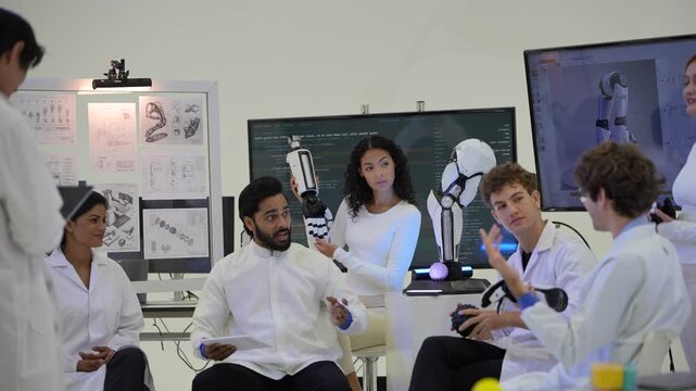 Bearded engineer talks during a seated robotics team meeting while colleagues pass a robotic arm shell and sensor ball, during a practical trial, a smart automation concept
