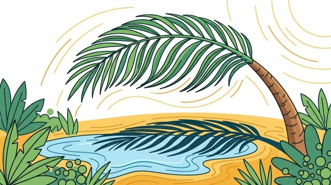 Stylized palm tree leaning over a tropical oasis pool