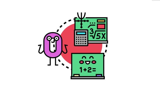 Cute zero character connecting with fundamental academic elements like a calculator, a graph with algebraic expressions, and a blackboard with a simple equation