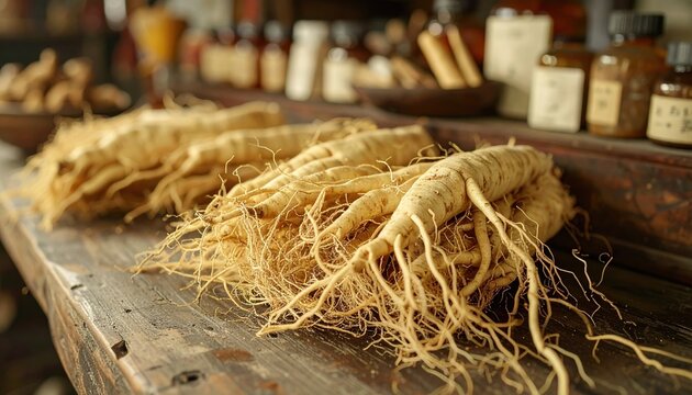 Ginseng roots with fibrous tendrils 3D Illustration displayed on a traditional herbal medicine counter