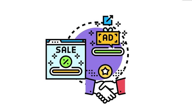 Digital marketing concept showing online advertising campaign, sales promotion on a web page, and a handshake symbolizing business deal agreement or client relationship