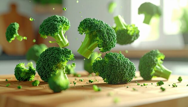 Fresh broccoli florets falling onto a wooden cutting board, 3D Illustration, detailed green texture, bright kitchen lighting.