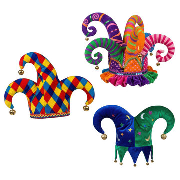 Three colorful jester hats with bells for carnival