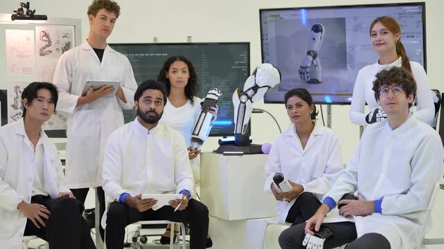 Diverse robotics team seated in a circle listens as a curly-haired woman shows a bionic hand beside a humanoid robot arm, during a prototype review, a tech startup innovation concept