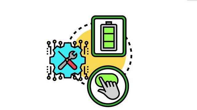 Product recall notification concept showing a battery, a setting gear with repair tools, and a hand clicking a button, symbolizing safety issues, maintenance, and consumer alerts