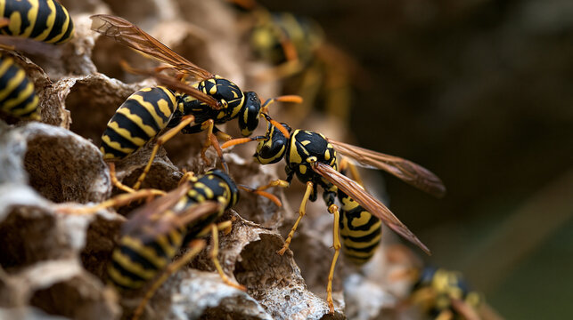 Wasp nest with wasps sitting on it. Wasps polist. The nest of a family of wasps which is taken a close-up. 