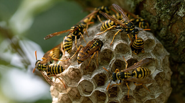 Wasp nest with wasps sitting on it. Wasps polist. The nest of a family of wasps which is taken a close-up. 