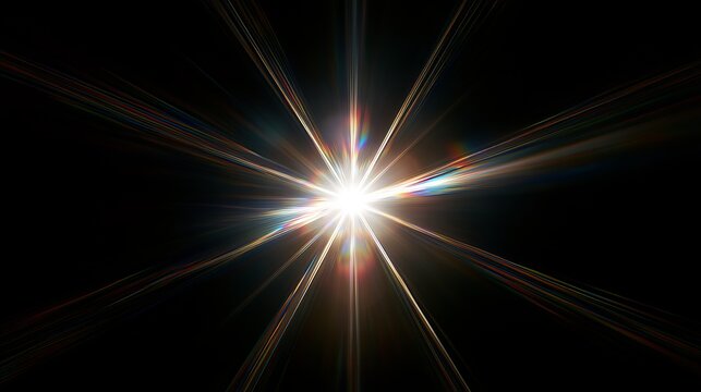 Dramatic lens flare radiates intensely against absolute darkness, offering a captivating visual element for creative projects