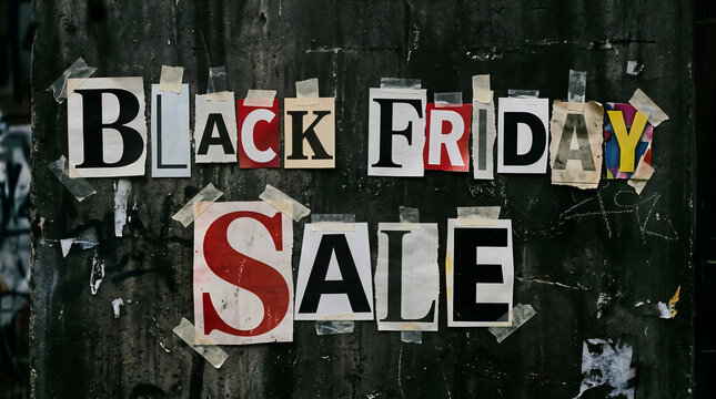 Black friday sale ransom note letters cutout from magazines on dark wall