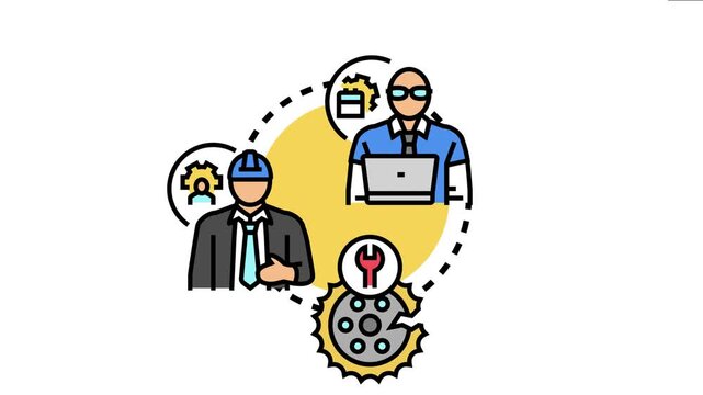 Engineers collaborating on a project, with one examining a schematic, another working on a laptop, and a third focused on a broken gear, symbolizing teamwork for efficient maintenance