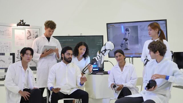 Seated engineers in white coats discuss robotic prototypes, passing a sensor ball and a robotic arm shell in a bright robotics lab, as the team compares results, a modern AI business scene