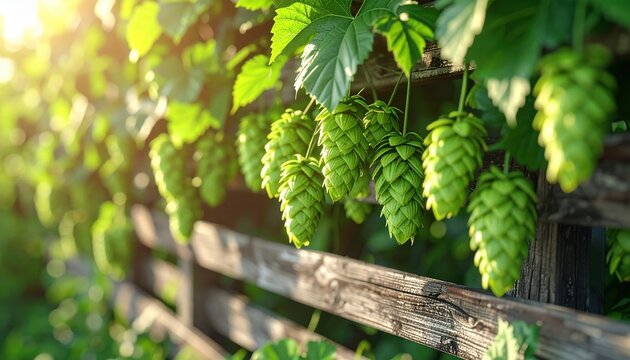 Fresh green hop cones and leaves growing along a rustic wooden trellis, 3D Illustration, detailed botanical texture, natural sunlight.