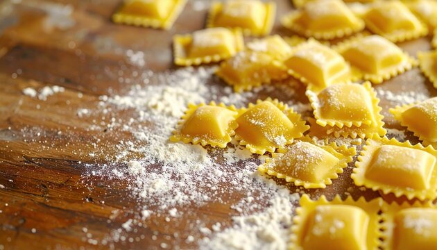 Scattered ravioli pasta 3D Illustration across a rustic Italian kitchen countertop