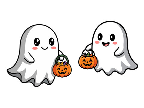 Cute cartoon ghosts holding pumpkin candy buckets for halloween with halloween