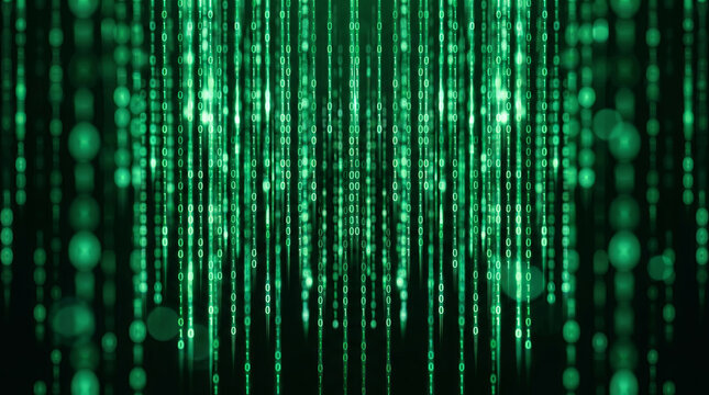 Glowing Green Digital Binary Code Cascading Downwards Against A Dark Background Field