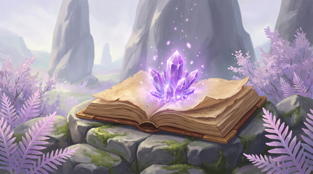 An Ancient Open Spellbook With Glowing Purple Crystals Sitting On Mossy Rocks