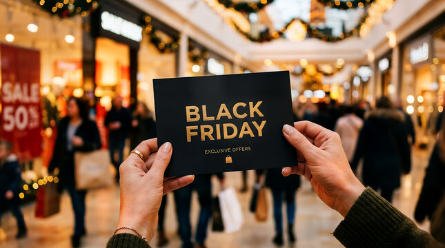 Close up of hands holding a sign reading black friday in a shopping mall