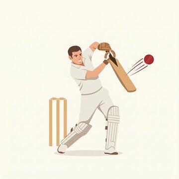 Vector illustration of a cricket player in a white uniform batting and hitting a red cricket ball during a match.