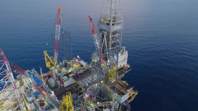 Offshore drilling rig - jack up and offshore platform during sunset for oil and gas exploration and production. 