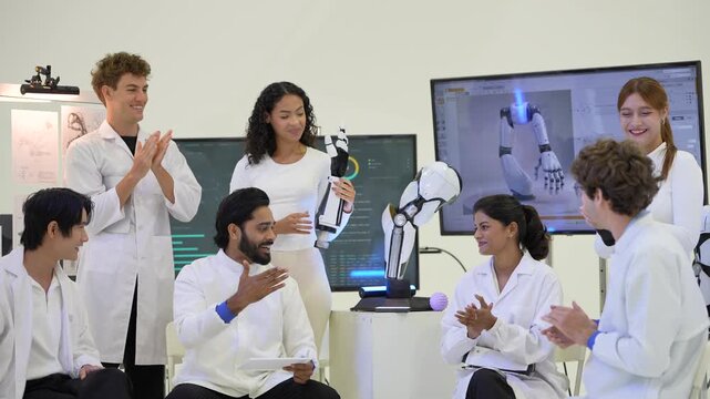 Smiling engineers celebrate a working bionic robotic hand during a relaxed team meeting in a white robotics lab, during an iterative design check, a team achievement concept