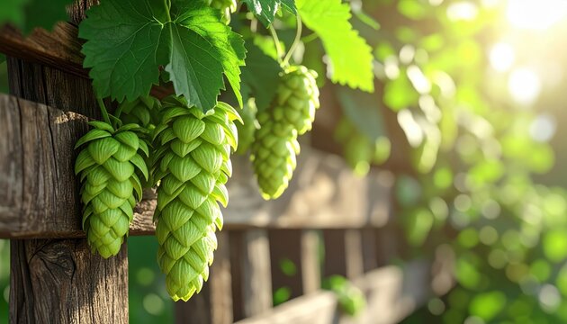 Fresh green hop cones and leaves growing along a rustic wooden trellis, 3D Illustration, detailed botanical texture, natural sunlight.