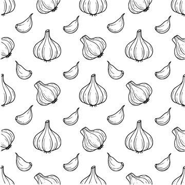 Hand-drawn garlic pattern with cloves on a white background