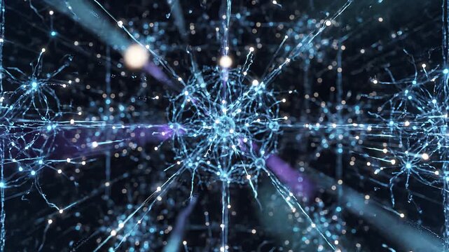 Glowing blue artificial intelligence neural network with firing synaptic nodes and big data connections 3D render animation