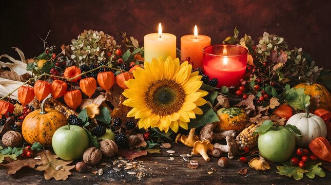 Autumn harvest still life arrangement. Features pumpkins, sunflowers, apples, and lit candles on a rustic table. Seasonal photography for Thanksgiving and fall celebrations.