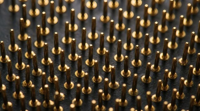 Macro Computer Chip Pin Array with Precise Metallic Grid Detail.
