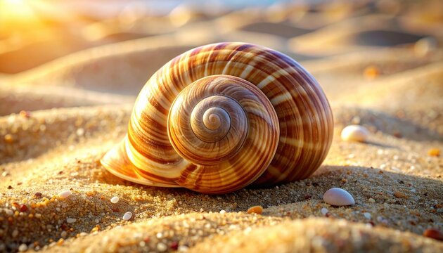 Spiral seashell with distinct brown stripes resting on warm beach sand beside tiny shells, 3D Illustration.