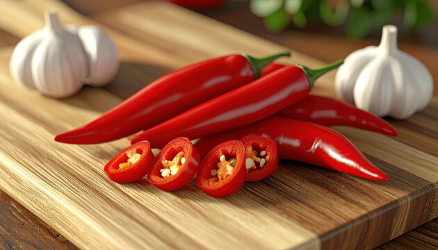 Red chili peppers with one sliced open, 3D Illustration, arranged on a wooden cutting board beside garlic.