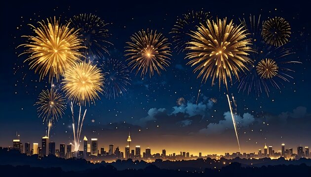 Fuegos artificiales dorados sobre skyline urbano nocturno