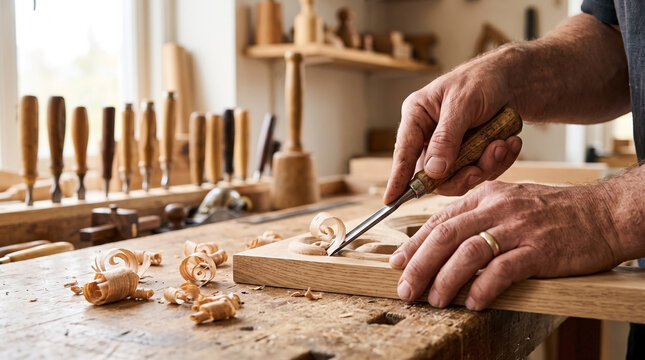 Woodworking craftsmanship with artisan hands shaping wood on workbench. Skilled hands carve intricate design into natural timber with tools.