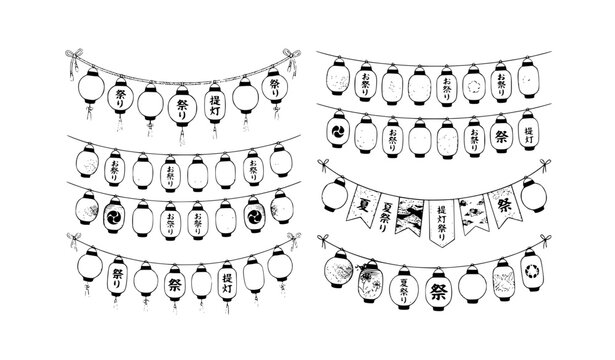 Hand drawn Japanese lantern garland line art vector set for matsuri